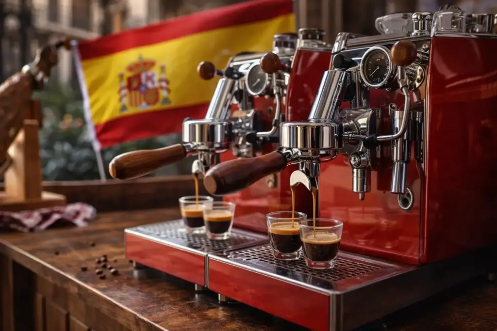 Cafetera espresso española en funcionamiento preparando café, máquina de café premium con diseño europeo en cocina